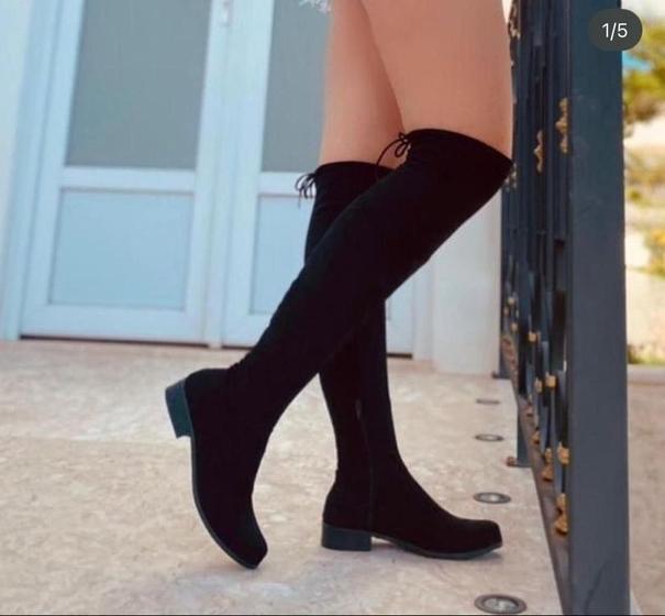 Imagem de Bota Over  Moda Blogueira preta cano longo salto baixo noobuk com ajuste na coxa blogueira moda em alta