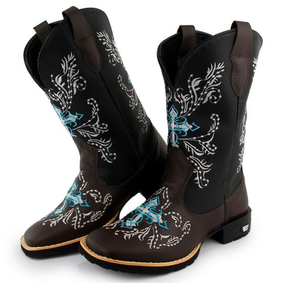 Imagem de Bota Texana Feminina Couro Country Bico Quadrado Café Azul 10000