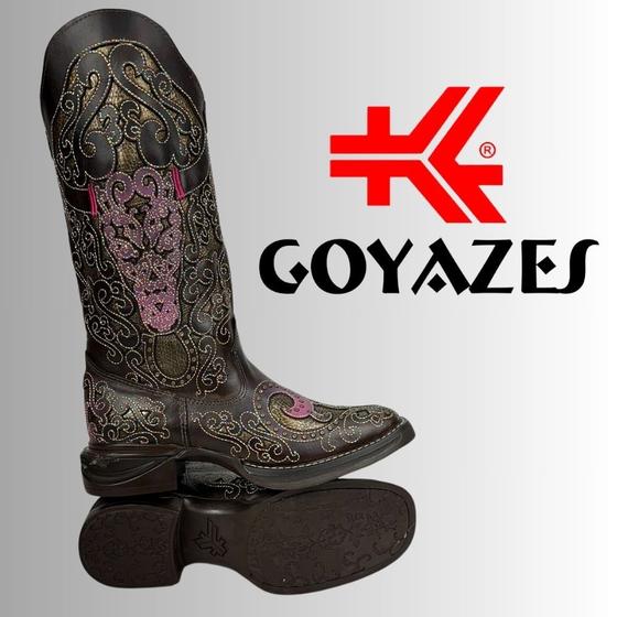 Imagem de Bota Texana Feminina Goyazes Couro Atlanta Café Solado Jump Bordados Coloridos E Rosa REF: 243205-CJ