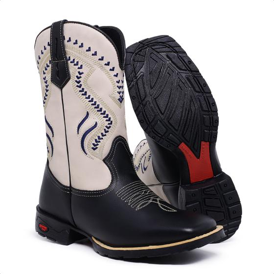 Imagem de  Bota Texana Masculina Botina Country Bico Quadrado Cano Medio Bordado Couro