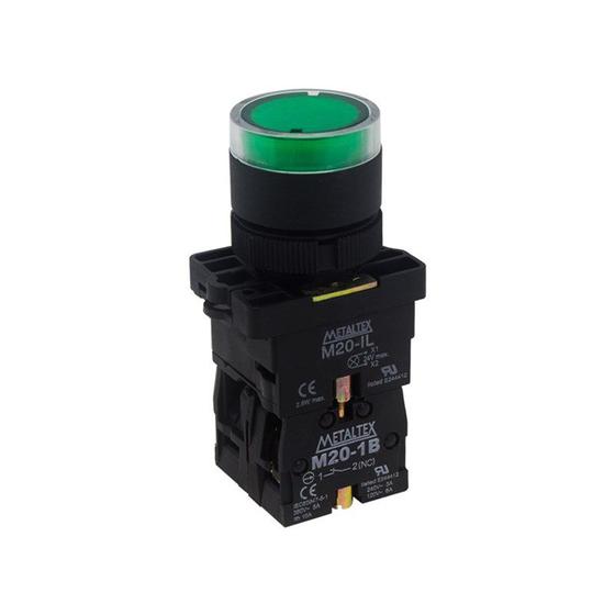 Imagem de Botão de Impulsão Iluminado 22mm 1NA+1NF P20IGR-G7-1C Verde Metaltex