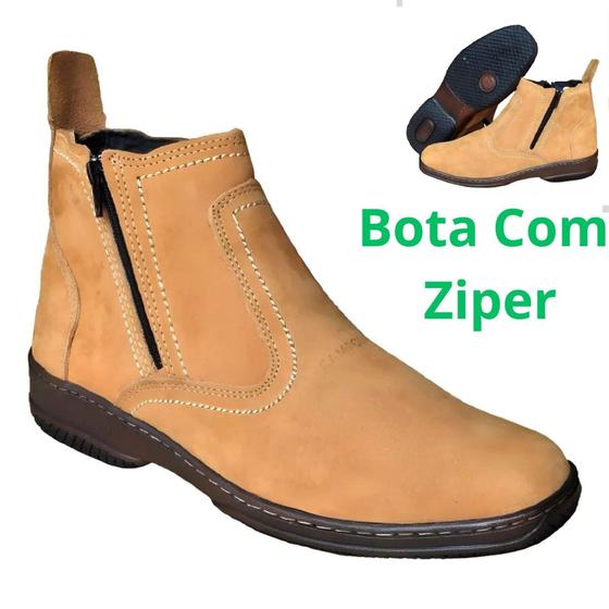 Imagem de Botina Couro Nobuck Bota Casual Tradicional Homem Cidade Campo Fazenda Roça Sertanejo 2220 Amarelo