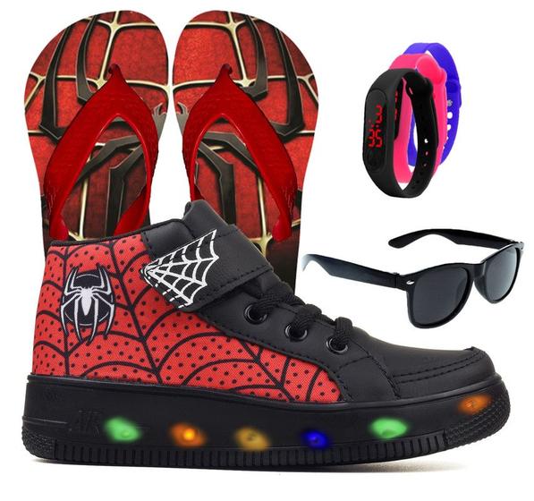 Imagem de Botinha De Led Led Masculino Aranha Meninos Estilo Barato Calce Facil + Chinelo Oculos Relogio