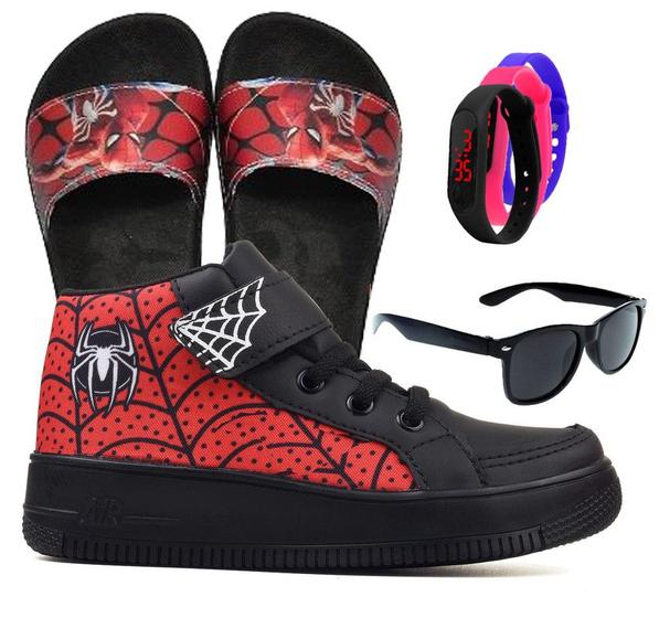 Imagem de Botinha De Led Led Masculino Aranha Meninos Estilo Barato Calce Facil + Chinelo Pala Oculos e Relogio