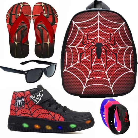 Imagem de Botinha De Led Led Masculino Aranha Meninos Estilo Barato Calce Facil + Mochila Chinelo Oculos Relogio