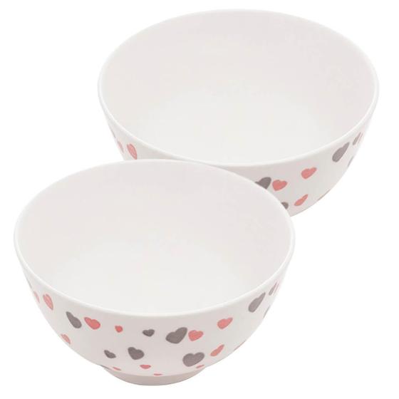 Imagem de Bowl Tigela De Porcelana Branco Corações Rosa Cinza 2 Peças
