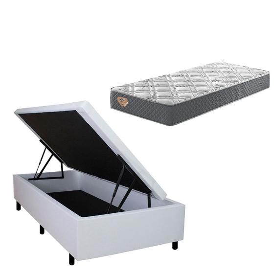 Imagem de Box Solteiro Baú Resistente e Reforçado Branco 88x188 + Colchão Adapto Molas Ensacadas Ecoflex