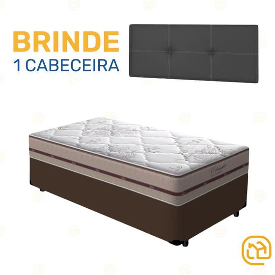 Imagem de Box Solteiro Marrom + Cabeceira Painel Iris Preta + Colchão Classic Molas Ensacadas 88cm