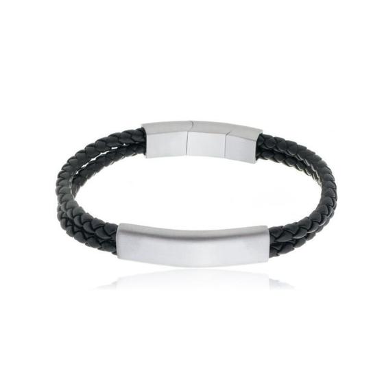 Imagem de Bracelete Aço 21Cm Couro Trançado Duplo Black Placa 10X37Mm