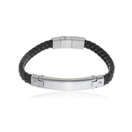 Imagem de Bracelete Aço 21Cm Couro Trançado Preto Com Placa Abaulada