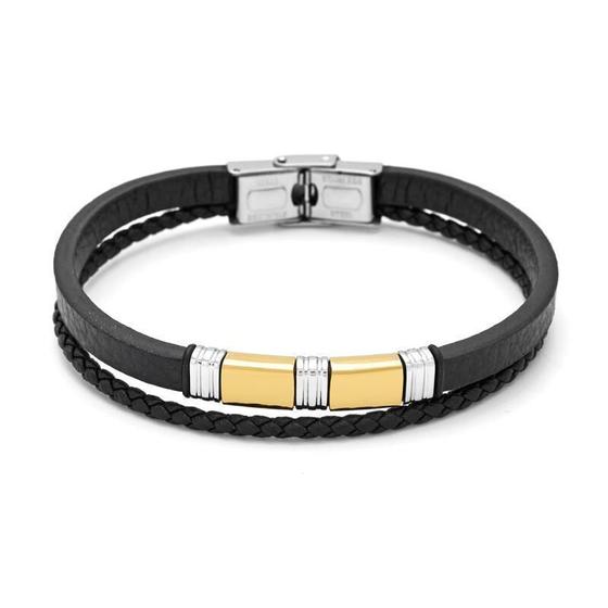 Imagem de Bracelete Aço Couro Preto Tira Trançada Fina Gomos Goldsteel