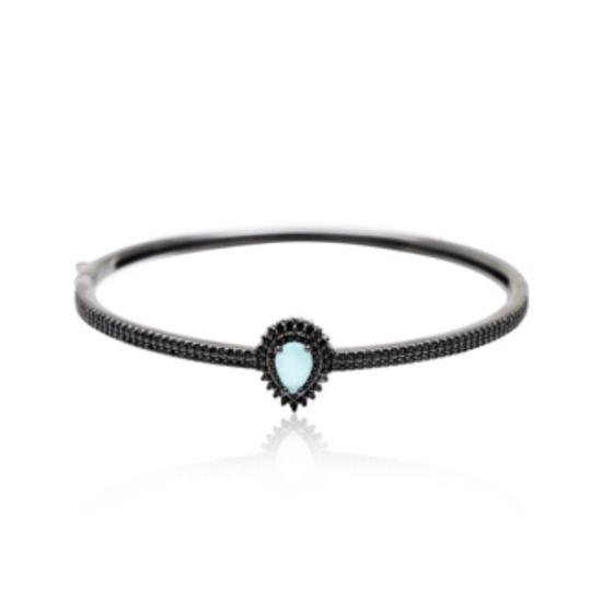 Imagem de Bracelete pulseira em ródio negro com cristal paraiba gota e zircônias negras cravejadas