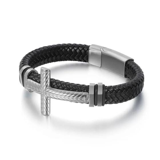 Imagem de Bracelete Pulseira Masculina Couro Luxuoso Religião Cruz