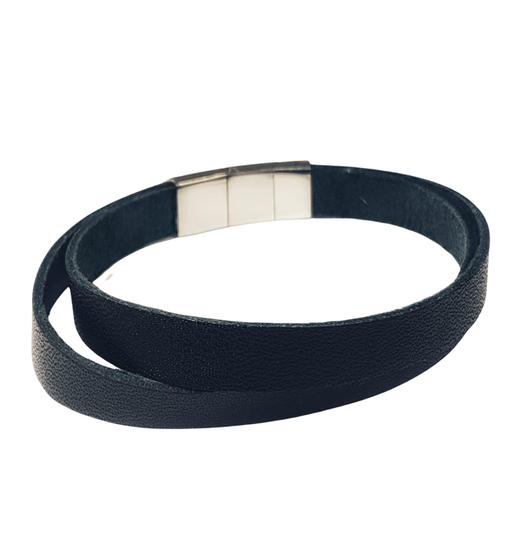 Imagem de Bracelete Rosso 20Cm Couro Duplo Preto Fecho Triplo Steel