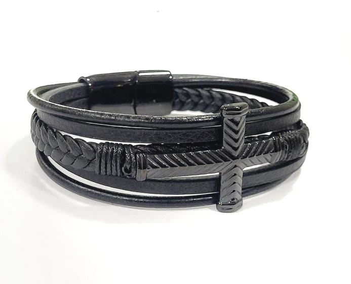 Imagem de Bracelete Rosso 20Cm Couro Preto Trançado Cruz Steel Black