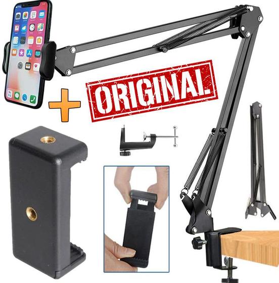 Imagem de Braço Suporte Articulado Flexível De Mesa Cama Bancada Garra Pedestal Ajustável Apoio de Celular Smartphone Entrevista