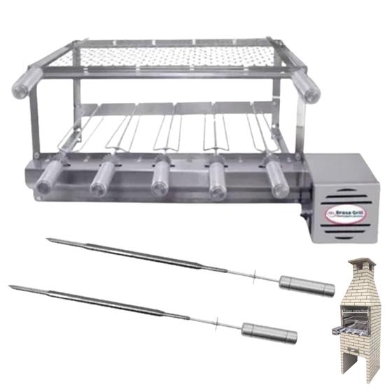 Imagem de Brasa Grill Gira 5 Espetos para Churrasqueira Pré Moldada de 65cm + Grelha Moeda 50x40 + 2 Espetos Picanha
