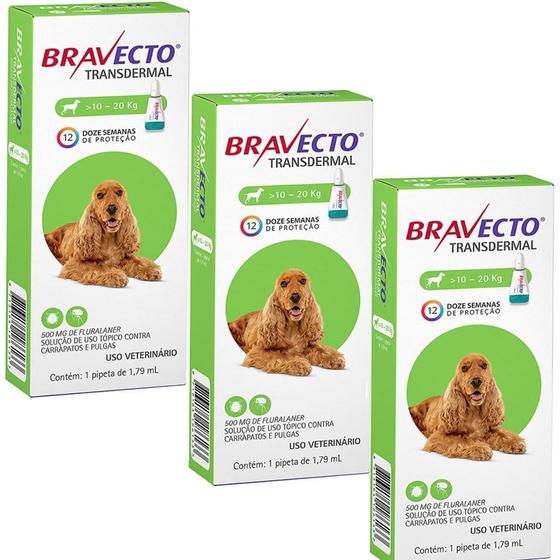 Imagem de Bravecto Transdermal Cães 10 a 20kg Kit 3 unidades Antipulgas MSD