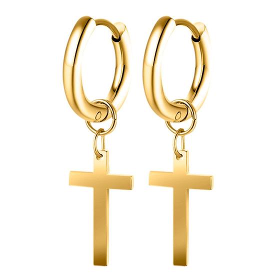 Imagem de Brinco argola aço cruz 14mm original banhado redondo dourado inox social qualidade premium casual