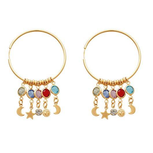 Imagem de Brinco argola com 5 acrlicos colorido com lua sol estrela e strass