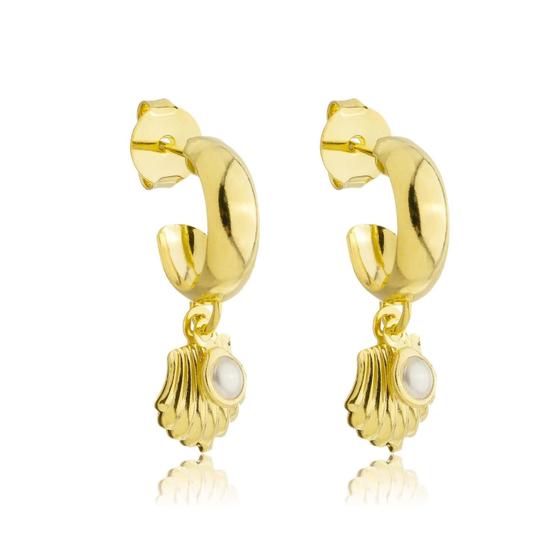 Imagem de Brinco Argola com Concha de Perola Banhado a Ouro 18k