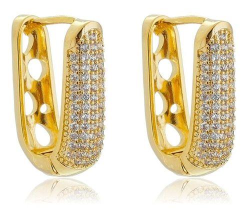 Imagem de Brinco Argola em U Leda com 5 fileiras Cravejadas com Zircônias Cristal banhado em ouro 18k