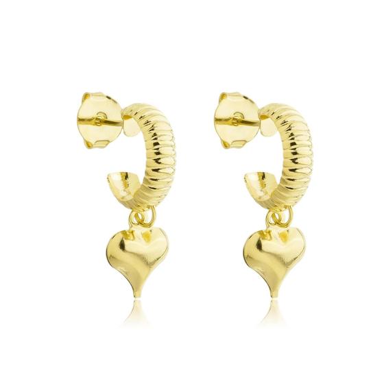 Imagem de Brinco Argola Texturizada Com Pingente Coração Banhado a Ouro 18k