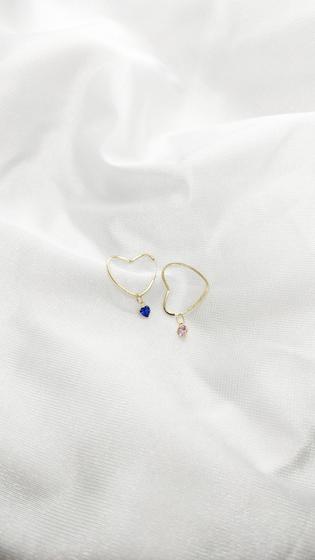 Imagem de Brinco Coração 1.9cm e Par Pingente Zircônia Azul e Rosa Ouro 18k.
