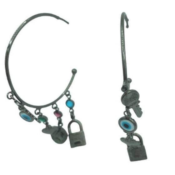 Imagem de Brinco De Argola Com Pingentes De Lua Estrela Ponto De Luz E Olho Grego Ródio Negro