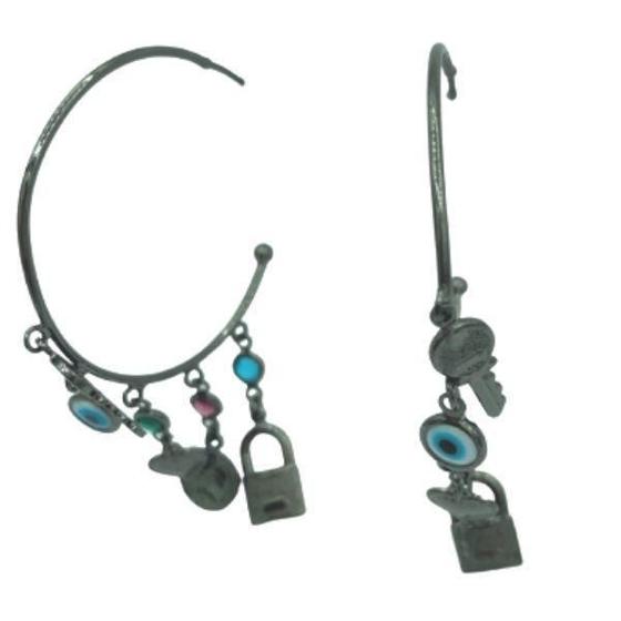 Imagem de Brinco De Argola Com Pingentes De Lua Estrela Ponto De Luz E Olho Grego Ródio Negro