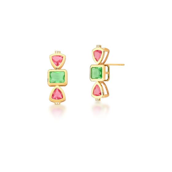 Imagem de Brinco De Festa Samanta em cristais verde e rosa banhado em ouro