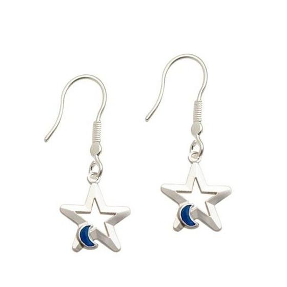 Imagem de Brinco De Prata Gancho Estrela Com Lua Reticulada Azul Perolizado