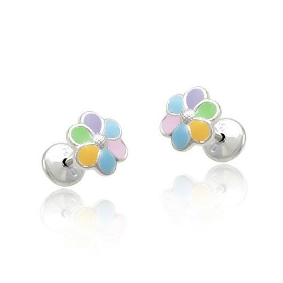 Imagem de Brinco De Prata Infantil Flor 7Mm Com Resina Colorida Tarraxa Baby