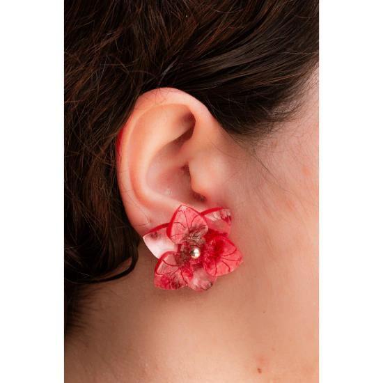 Imagem de Brinco de resina com forma de camélia vermelho mesclado