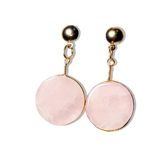 Imagem de Brinco Disco Pedra Quartzo Rosa Natural Tarracha Dourado