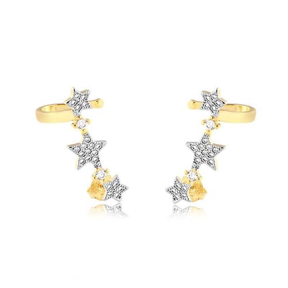 Imagem de Brinco ear cuff com três estrelas com pedras de zircônias e pontos de luz folheado a ouro 