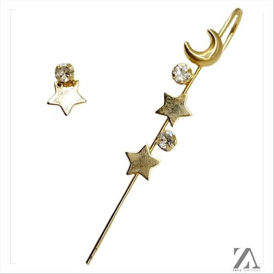 Imagem de Brinco Ear Pin Estrela e Lua com Zircônia