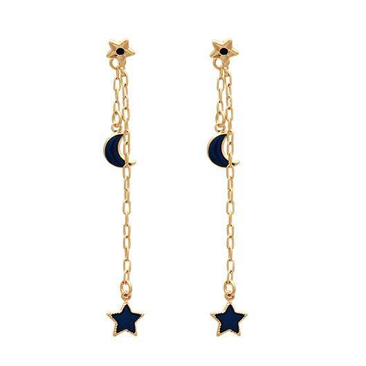 Imagem de Brinco Estrela Com Pedao De Corrente Lua E Estrela Com Resina Azul