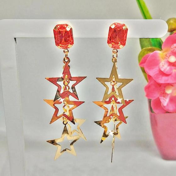 Imagem de Brinco Estrelinhas com Pedra Zircônia Comprido Feminino Biju113