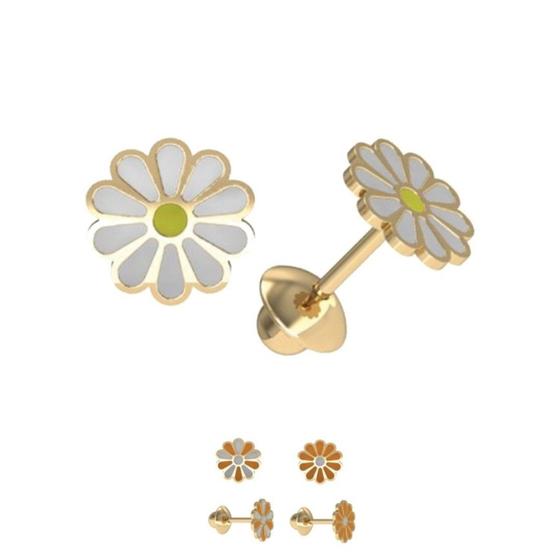 Imagem de Brinco Flor Margarida Branca e Amarela Ouro 18K K061