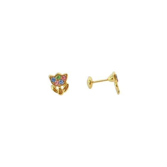 Imagem de Brinco Flor - Tulipa com Strass Colorido Tarraxa Baby Banho Ouro 18k  Antialérgico