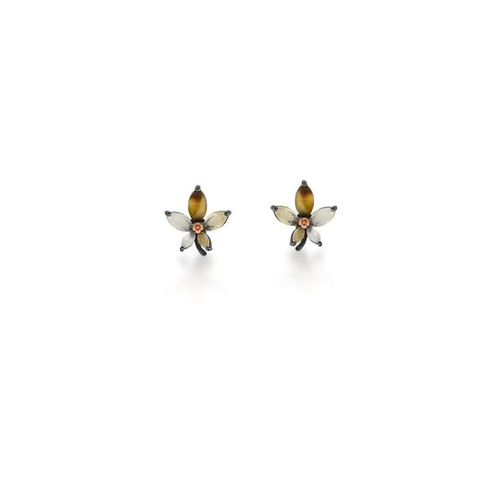 Imagem de Brinco Flor Zircônias Navetes Rutilados Banhado A Ródio