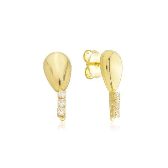 Imagem de Brinco Gota Com Tres Pedras Zirconia Cravejada Banhado a Ouro 18k