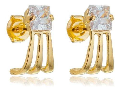 Imagem de Brinco Lucy Ponto de luz Quadrado Cristal Com 3 Filetes Lisos Banhado em Ouro 18k