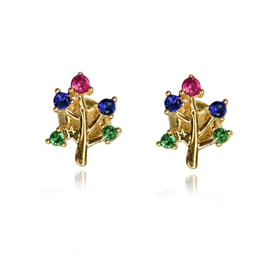 Imagem de Brinco Mini Arvore Com Zirconias Colorida Folheado Em Ouro