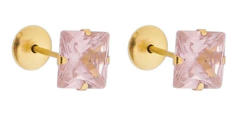 Imagem de Brinco Ouro 18k Pedra Quadrada 5mm Infantil Adulto 2º Furo Zircônia Branca Vermelha Rosa