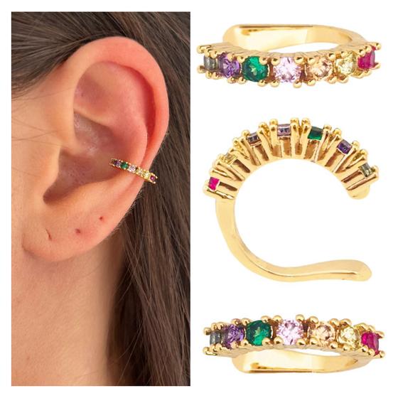 Imagem de Brinco Piercing de Orelha Falso Pressão Zircônia Colorida Folheado a Ouro 18k