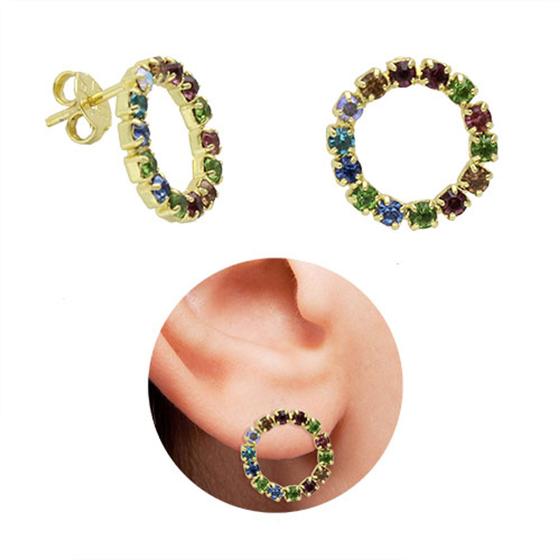 Imagem de Brinco PRI Style Folheado A Ouro 18K Antialérgico Com Formato Redondo E Strass Multicolorido