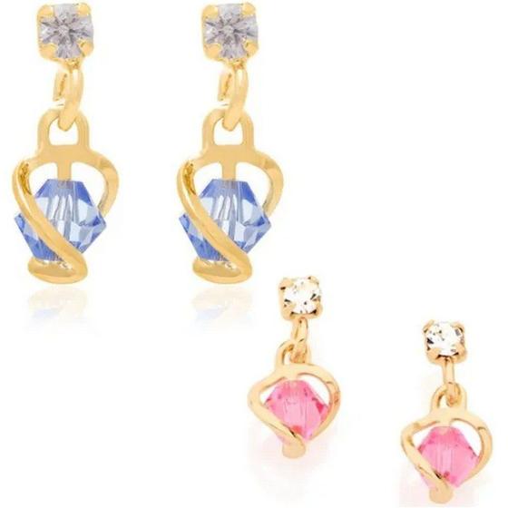 Imagem de Brincos banhado ouro 3x 24k 18k e 22k  femininos zircônia cristal infantil rommanel pendurado rosa azul 523219