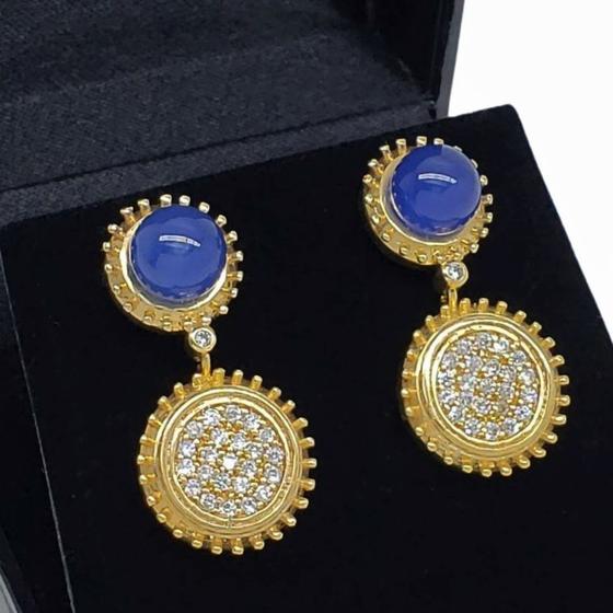 Imagem de Brincos Com Pedras Azul Safira E Zirconias Banho De Ouro 18k 788